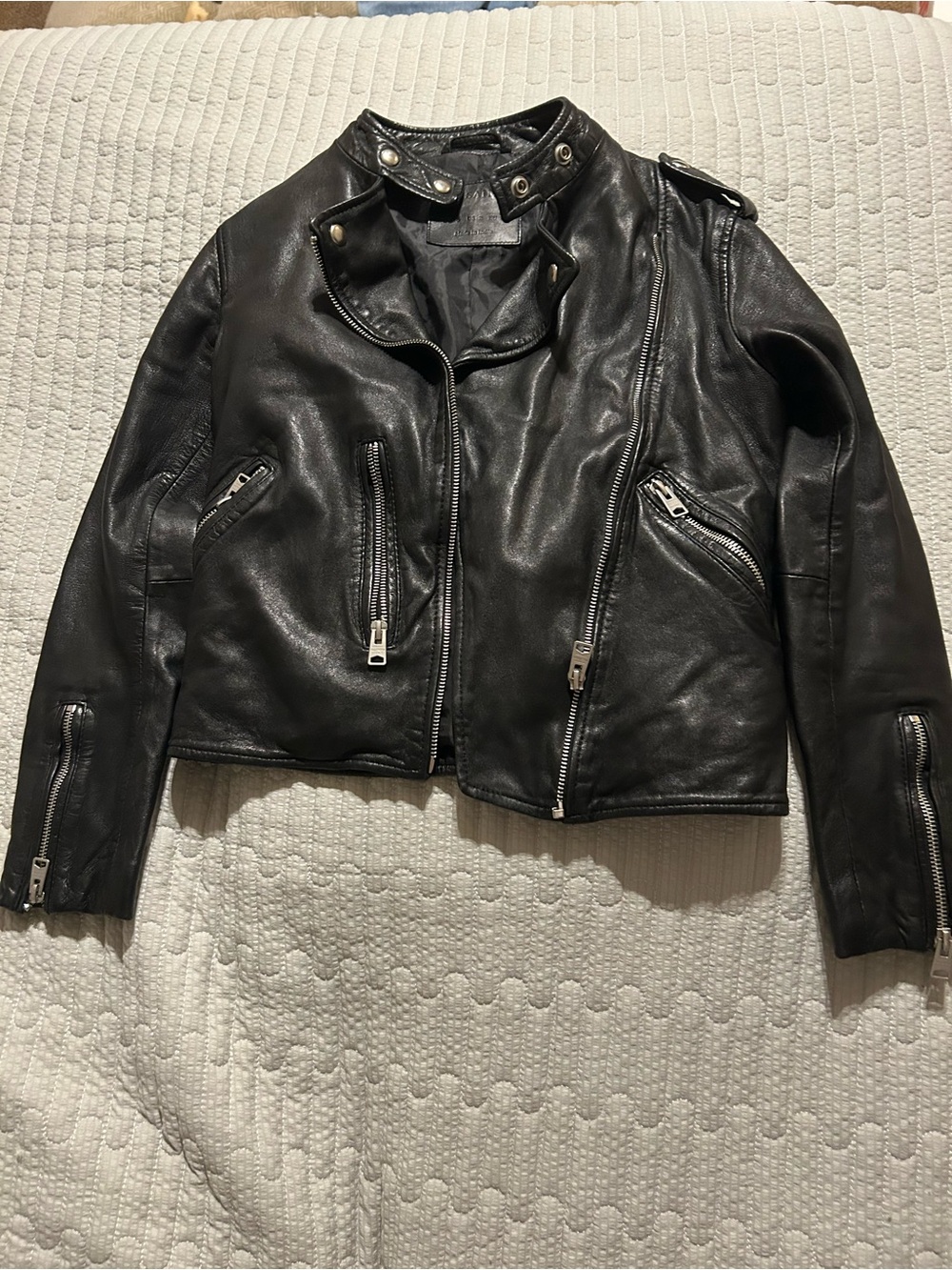 AllSaints Black Leather Biker Jacket with Zip Details